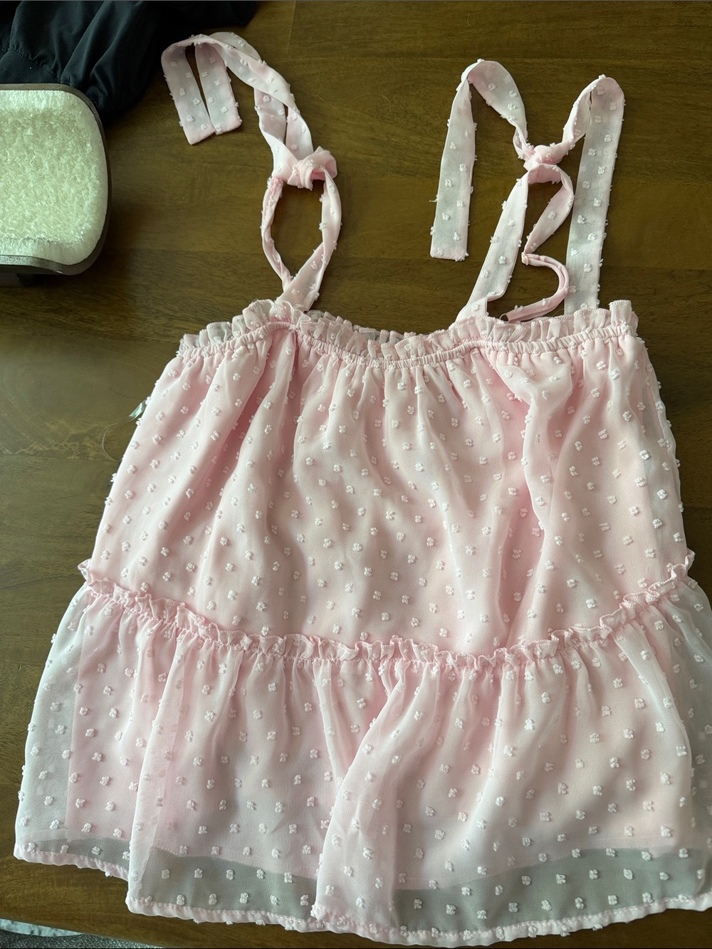 Altar'd State Pink Swiss Dot Ruffle Tie-Strap Tank